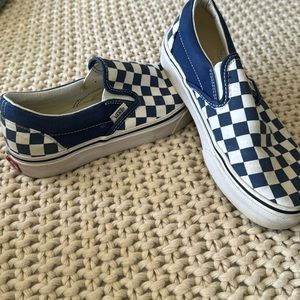 Blue/white checkered slip on vans